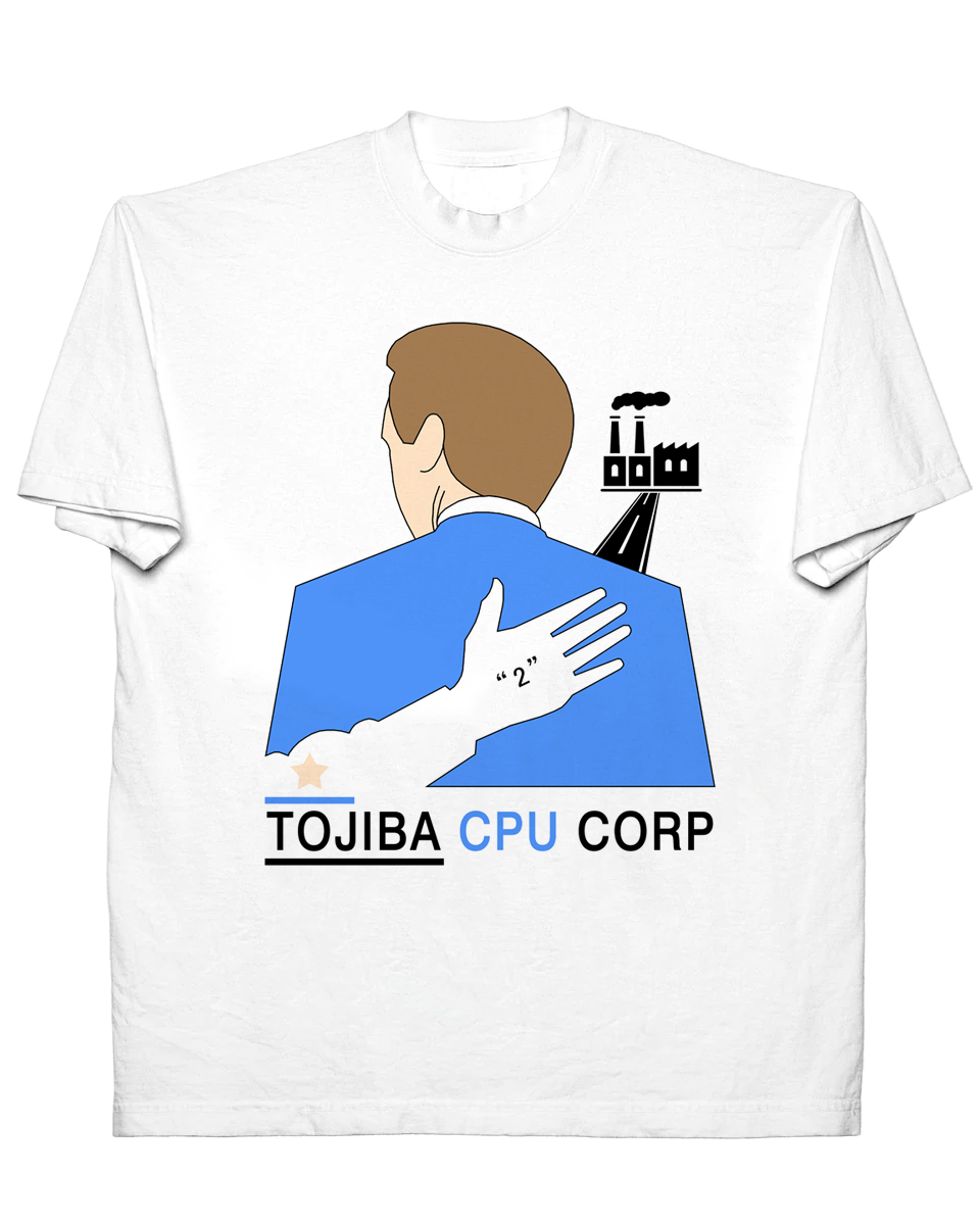 Shirt with Man facing away from camera moving towards factory, with had patting on back. Logo text under saying "Tojiba CPU Corp"